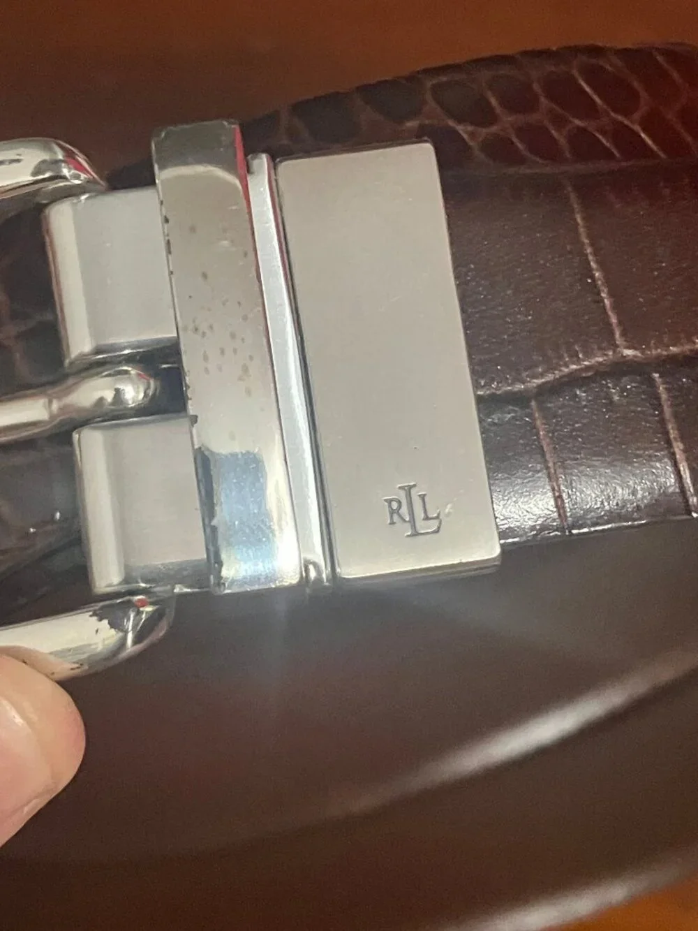Ralph Lauren Dark Brown Croc-Embossed Leather Belt with Silver Buckle